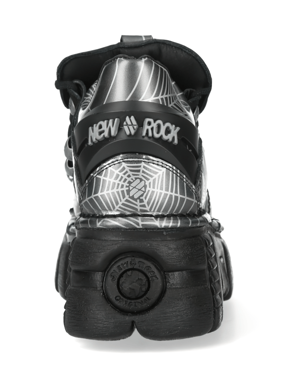 NEW ROCK Men's Gray Punk Shoes with Oversized Platform Sole featuring a spiderweb design and oversized black sole.