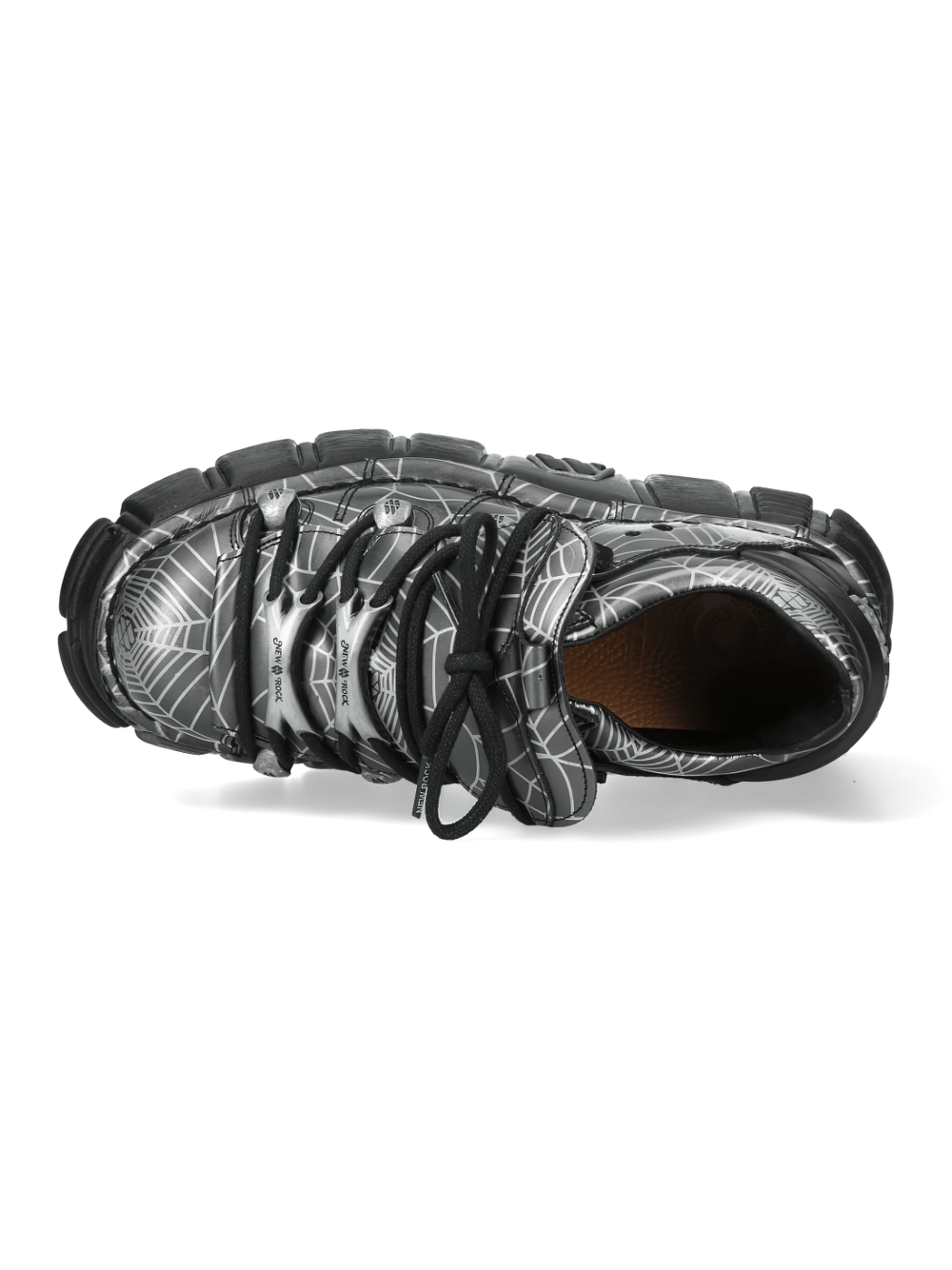NEW ROCK Men's Gray Punk Shoes with Oversized Platform Sole top view showcasing spiderweb print and black laces.