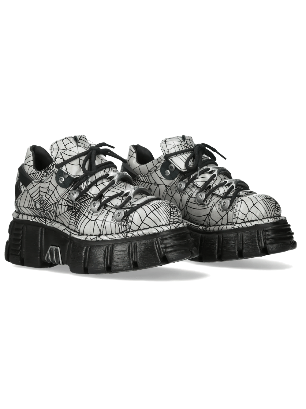 NEW ROCK Men's Gray Punk Shoes with Oversized Platform Sole featuring spiderweb print and bold black tread.