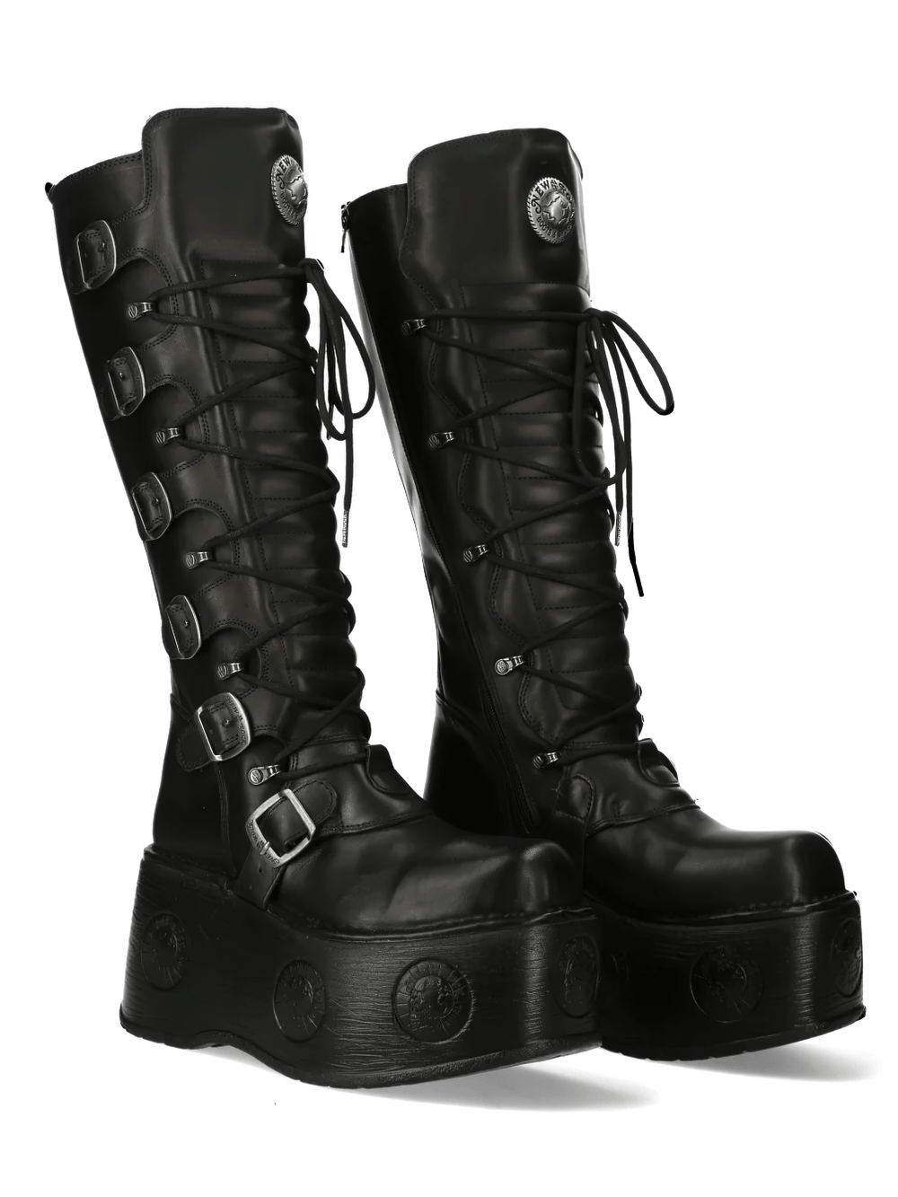 NEW ROCK Men's High Boots with Buckles and Platform Sole in sleek black with stylish buckles and high platform.