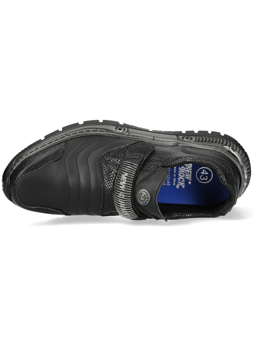 NEW ROCK Men's Hybrid Gothic Velcro Leather Style Shoes top view showcasing sleek black design and hook and loop strap.