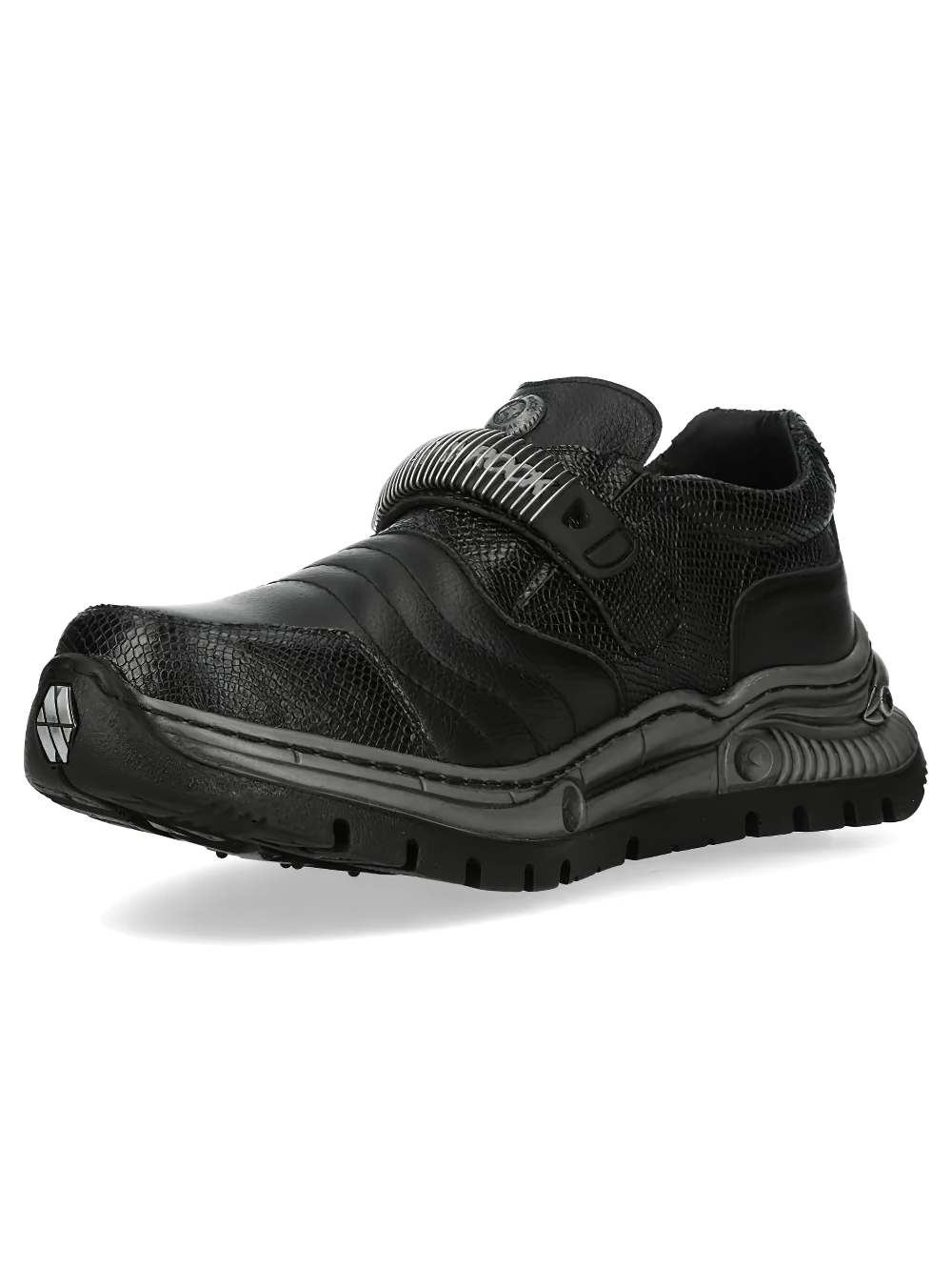 NEW ROCK Men's Hybrid Gothic Velcro Leather Style Shoes in sleek black with hook and loop strap for alternative streetwear.