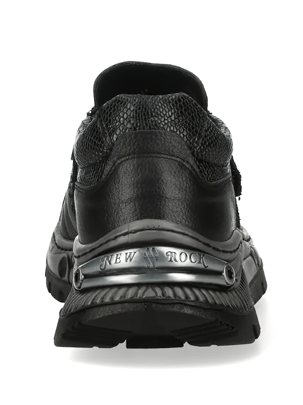 NEW ROCK Men's Hybrid Gothic Velcro Leather Style Shoes back view showcasing sleek black design and distinctive strap.