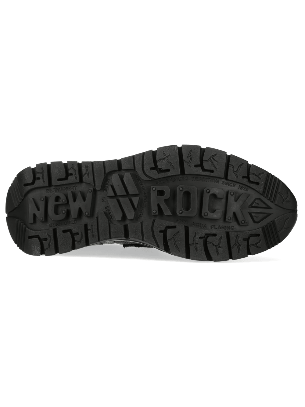 Sole view of NEW ROCK Men's Hybrid Gothic Velcro Leather Style Shoes showcasing bold black design and unique tread.