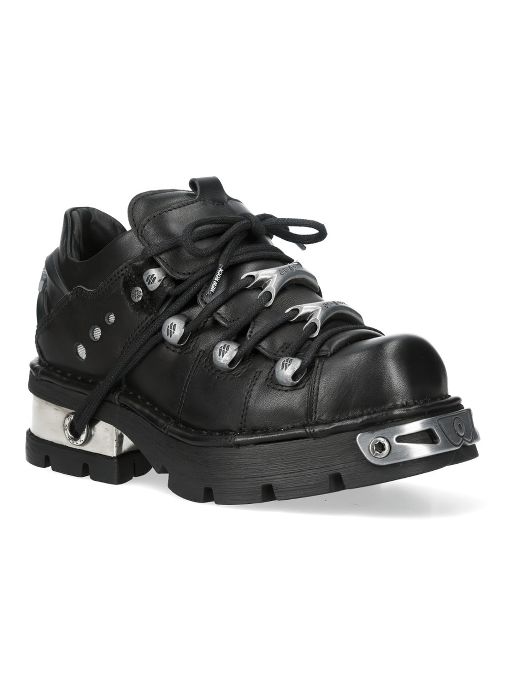 NEW ROCK Men's Industrial Ankle Boots with Silver Plates featuring a black leather design and silver hardware.
