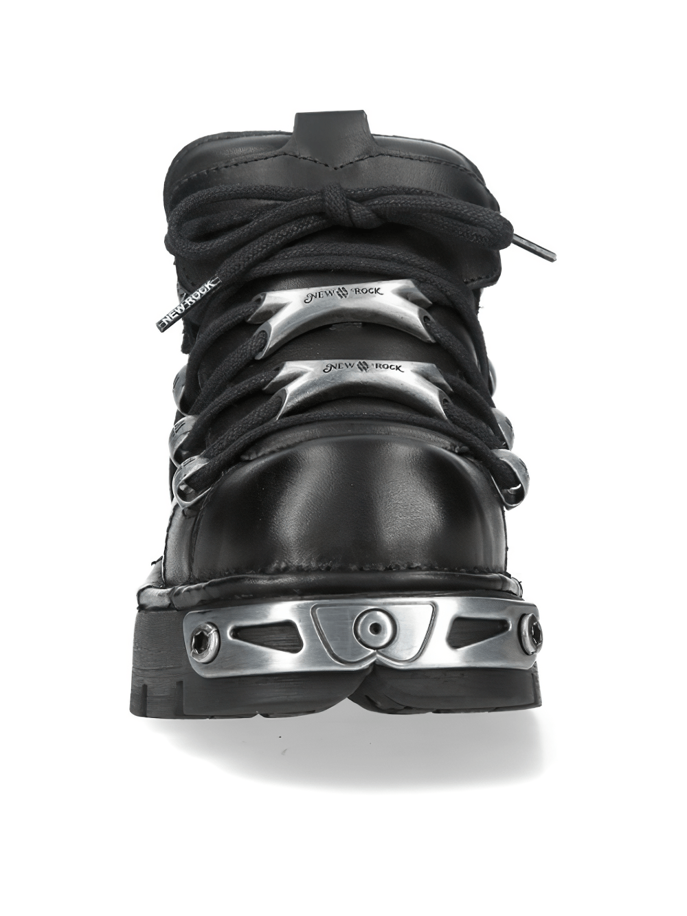 NEW ROCK Men's Industrial Ankle Boots with Silver Plates showcasing a stylish front view with silver lace plates.