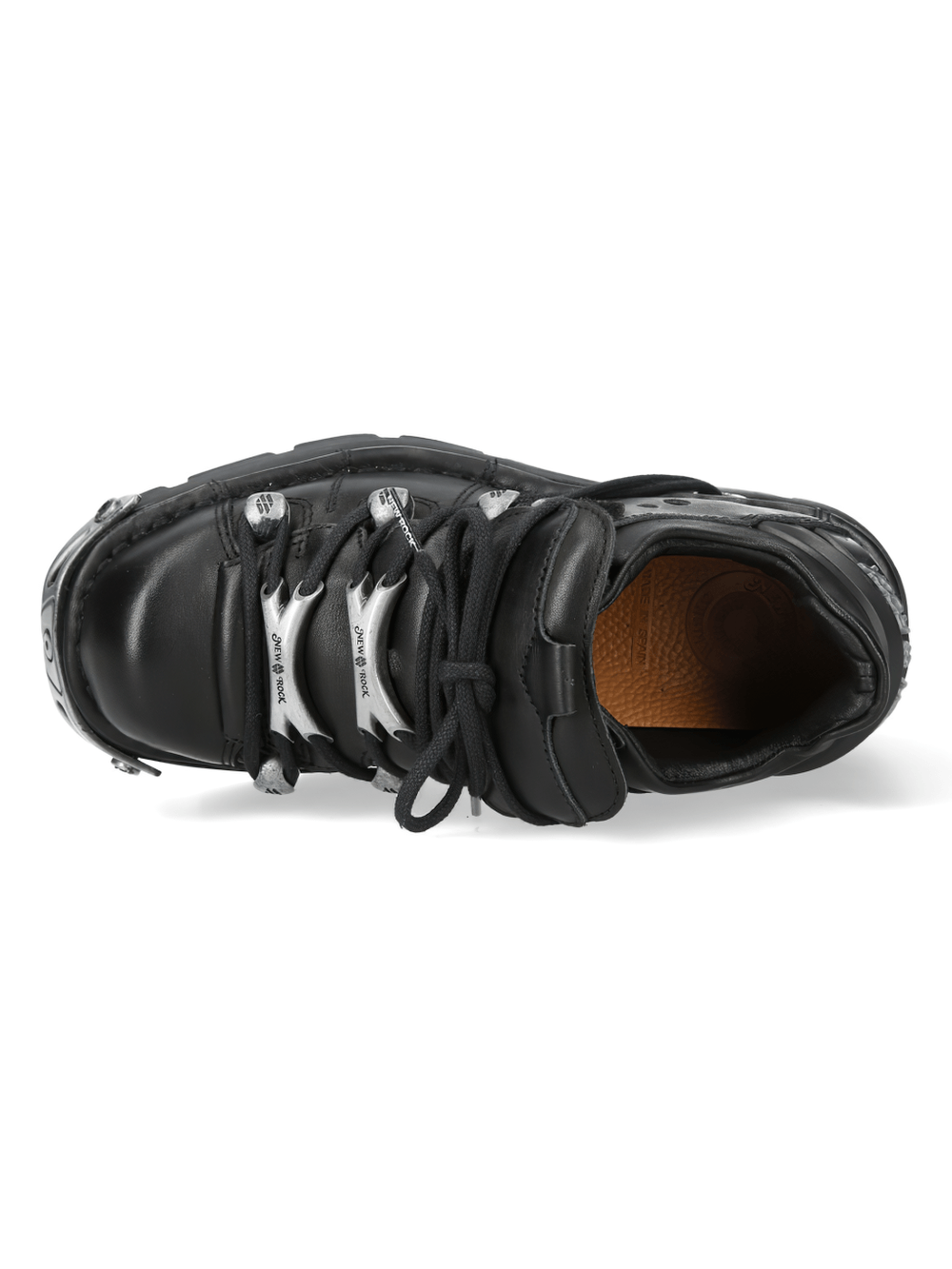 NEW ROCK Men's Industrial Ankle Boots with Silver Plates top view showcasing lace detail and sleek design.