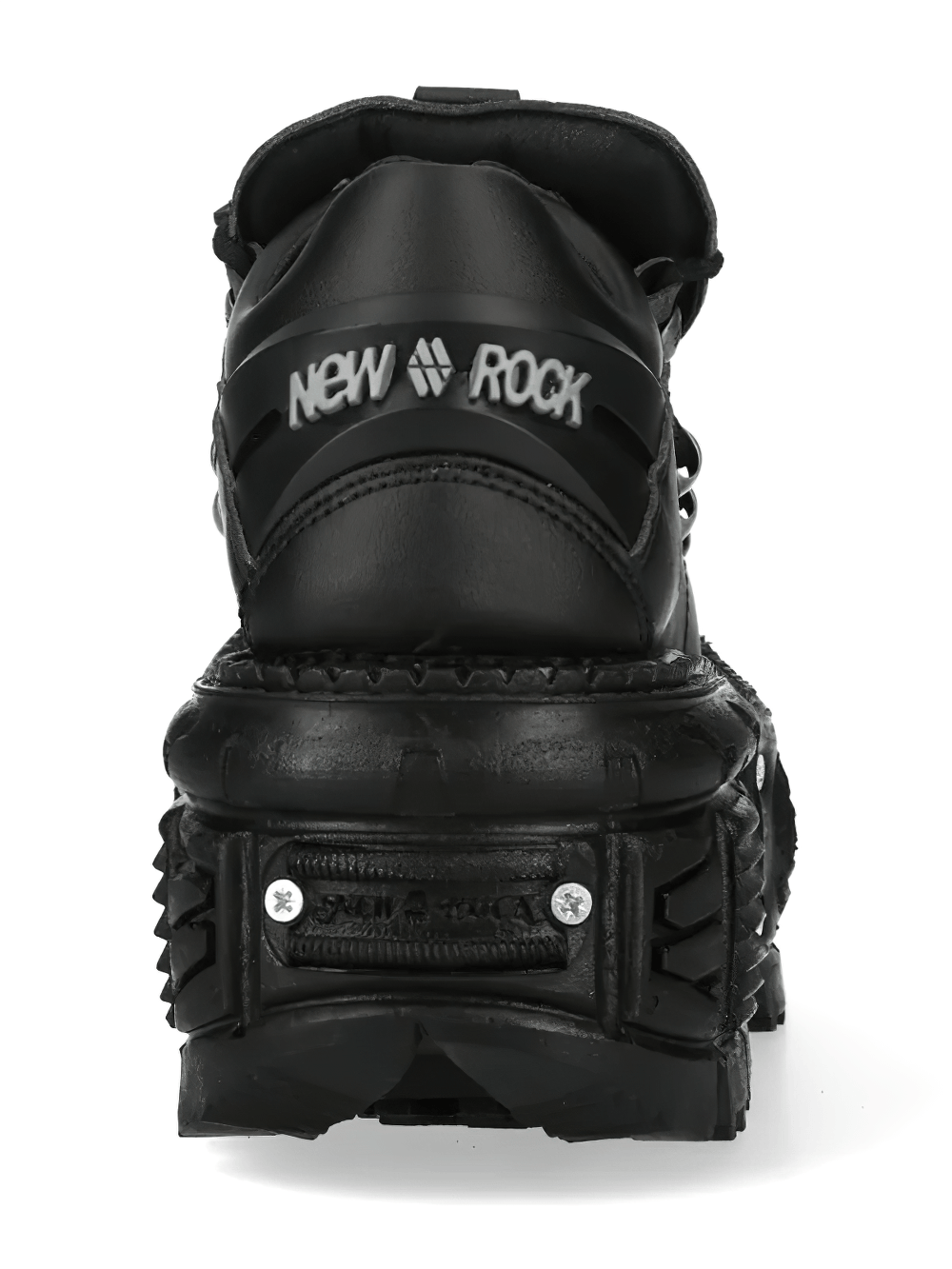 NEW ROCK Men's Industrial Platform Shoes with Silver Hooks rear view showcasing the chunky sole and stylish design.