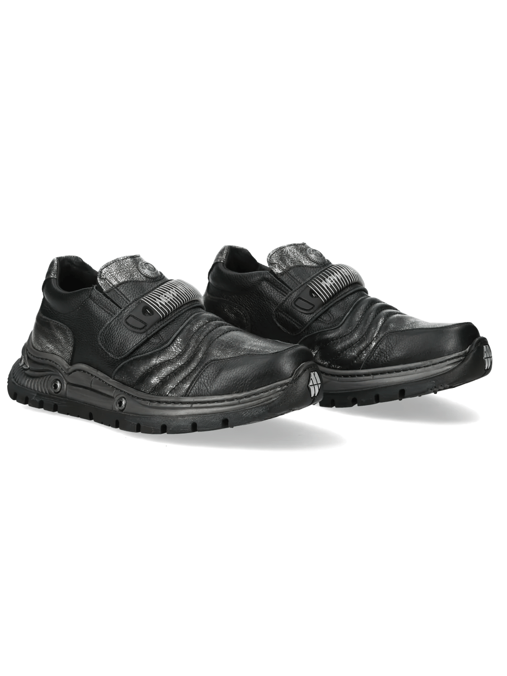 NEW ROCK Men's Industrial Shoes with Metallic Strap Detail, featuring a sleek black design and ribbed strap.