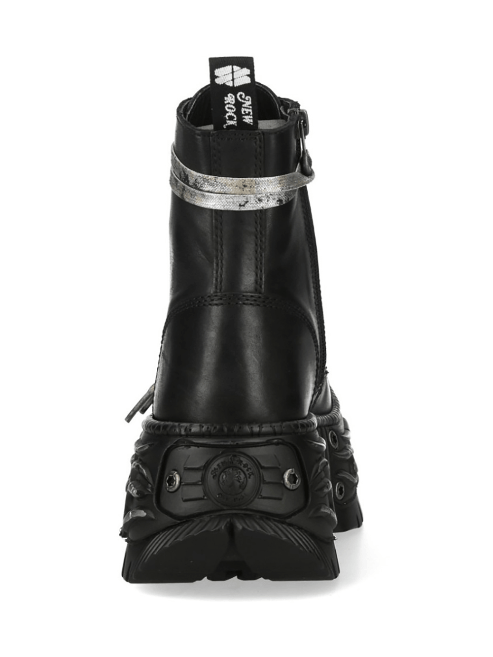 NEW ROCK Men's Lace Up Boots with Sculpted Platform Soles showing the back view with metallic detailing and flame sole.