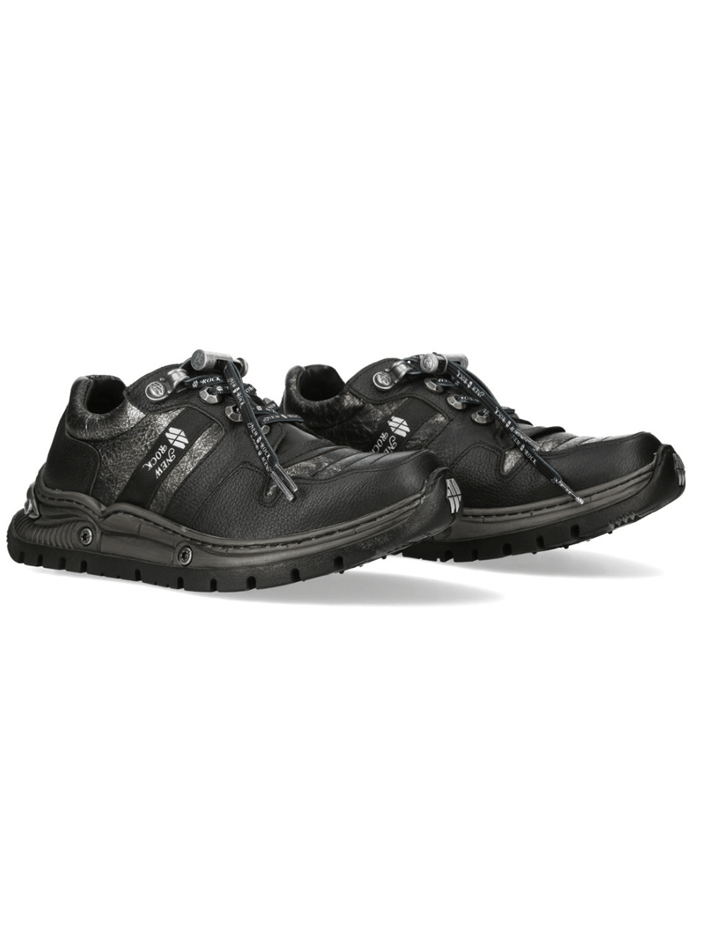 NEW ROCK Men's Lace-Up Shoes with Industrial Metal Details in black with rugged tread design and metallic accents.