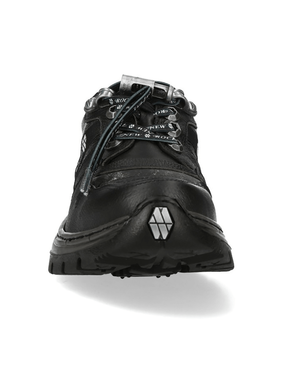 NEW ROCK Men's Lace-Up Shoes with Industrial Metal Details, showcasing black leather with rugged tread and metallic accents.