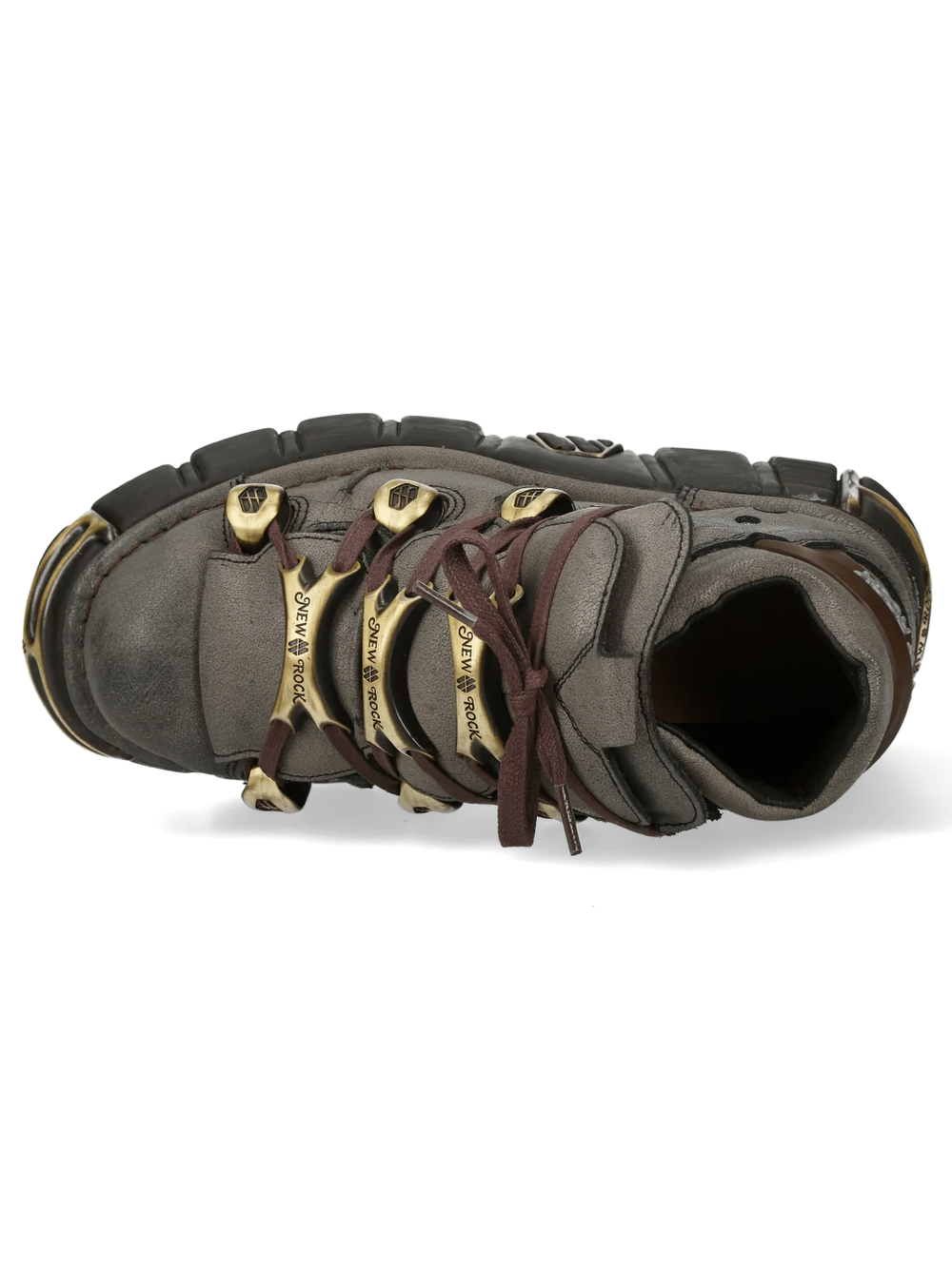NEW ROCK Men's Platform Ankle Boots Bronze Hardware Details top view showcasing the unique design and chunky sole.
