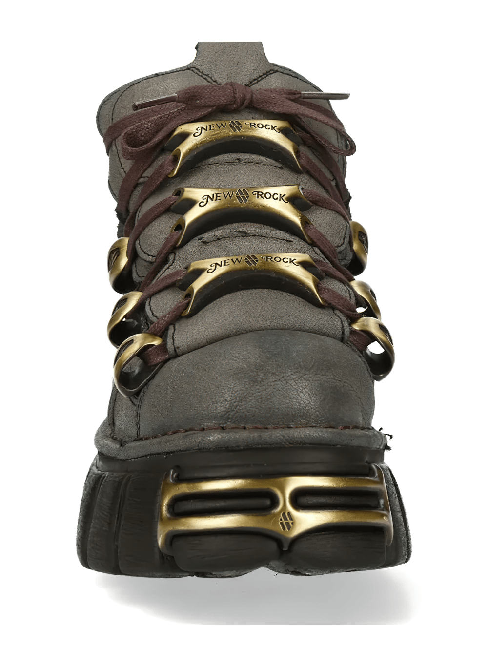 NEW ROCK Men's Platform Ankle Boots Bronze Hardware Details, showing gray boot with bronze hardware and brown laces.