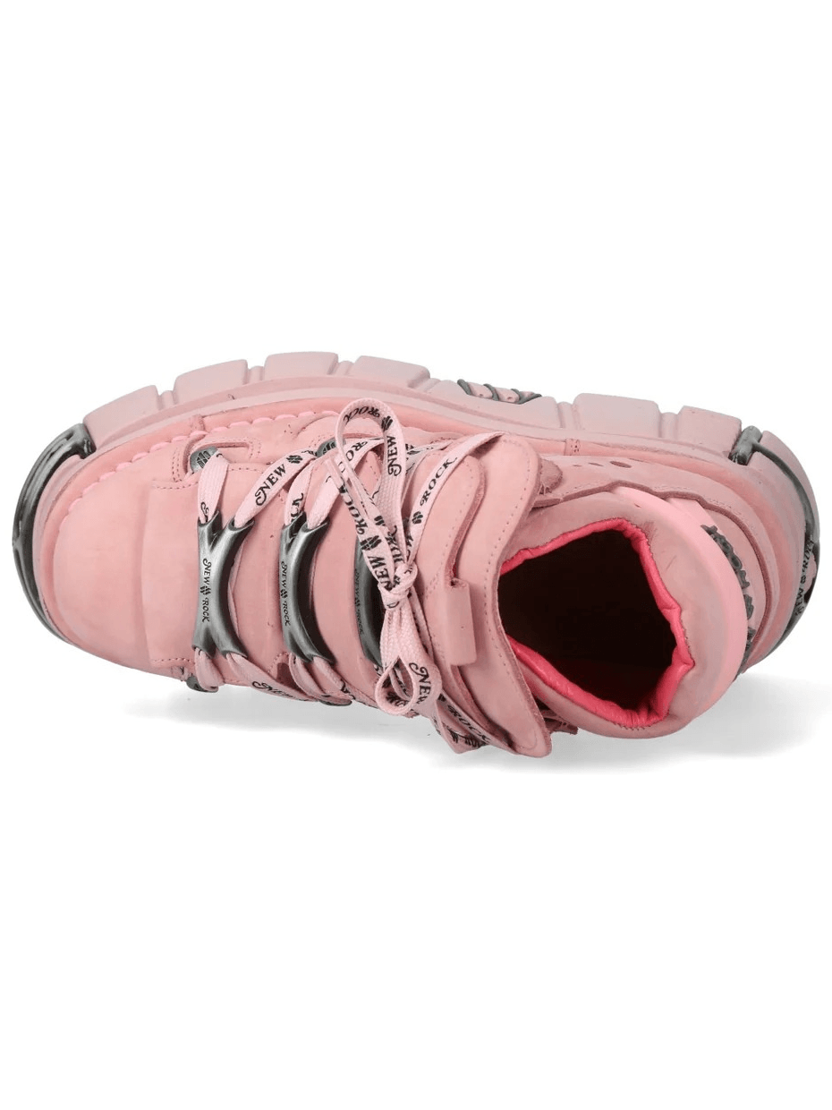 NEW ROCK Men's Platform Ankle Boots With Chunky Metal Plates in pastel pink, featuring unique lace-up design and sculpted sole.