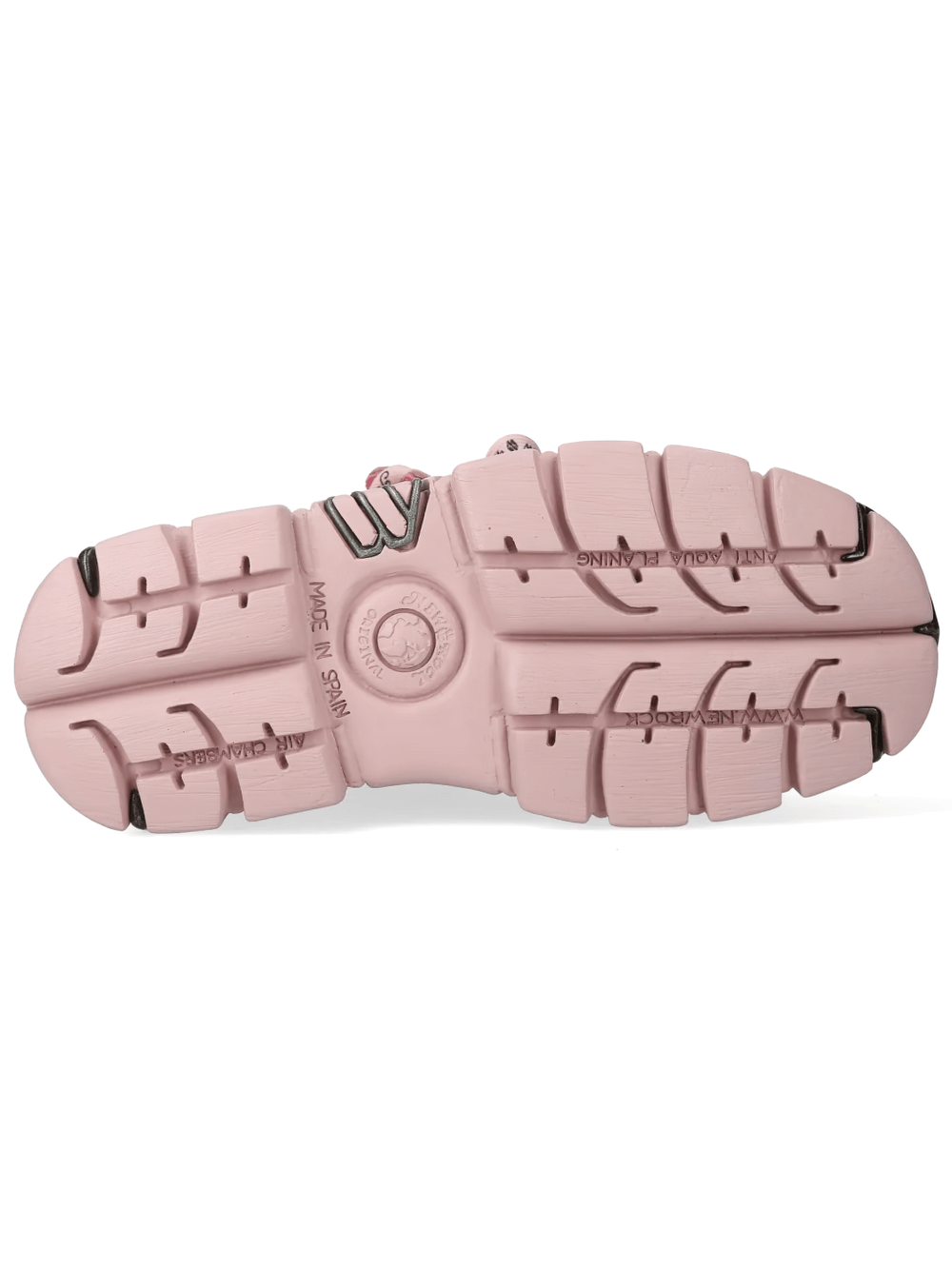 NEW ROCK Men's Platform Ankle Boots With Chunky Metal Plates sole view featuring pink chunky design.