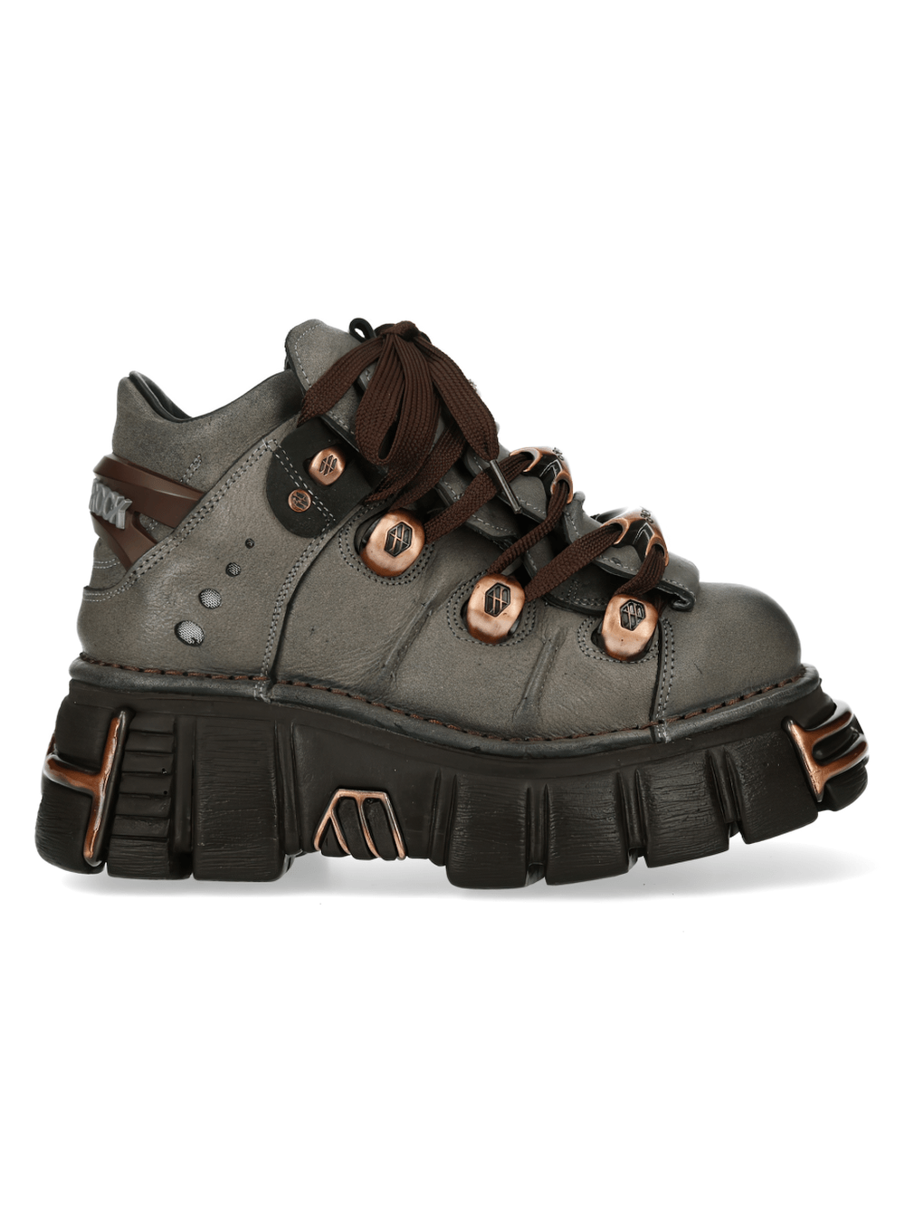 NEW ROCK Men's Platform Ankle Boots with Copper Plates side view showcasing gray taupe color and chunky lug sole.