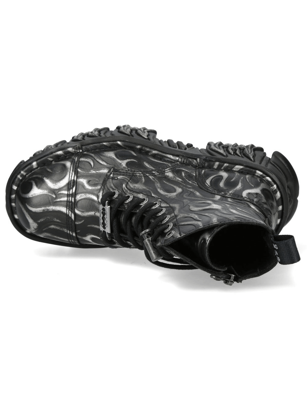 NEW ROCK Men's Platform Ankle Boots With Flame Tread Sole showcasing a black flame design and heavy rock military style.