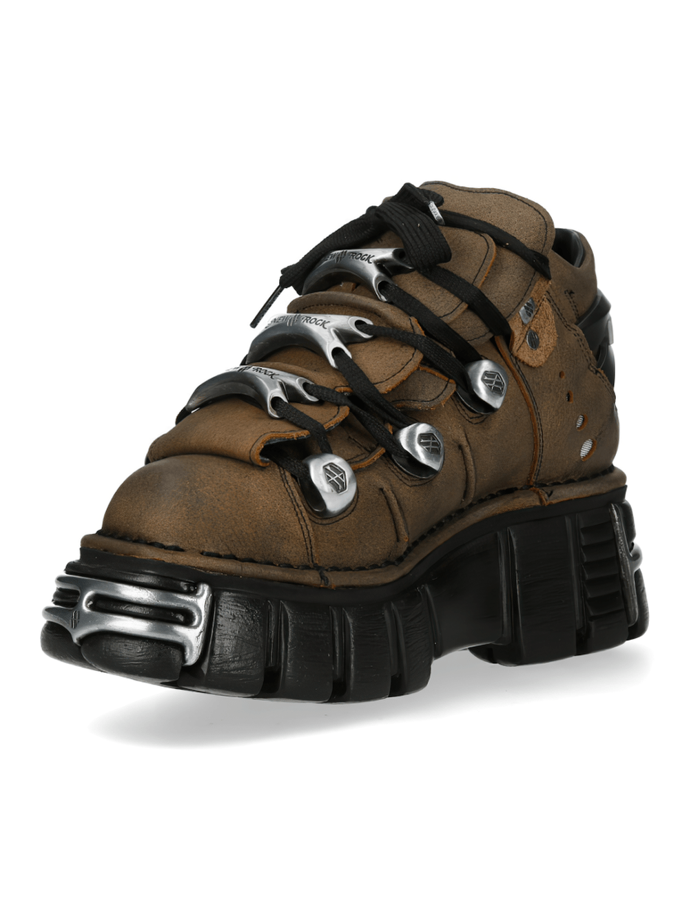 NEW ROCK Men's Platform Ankle Boots with Metal Hardware Plates in earthy brown with chunky sole and lace-up design.