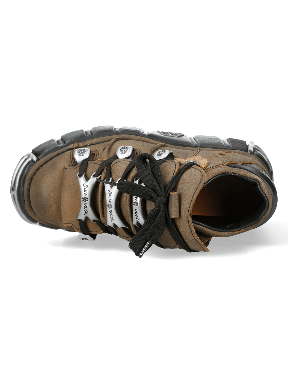 NEW ROCK Men's Platform Ankle Boots with Metal Hardware Plates featuring a brown lace-up style and chunky sole.