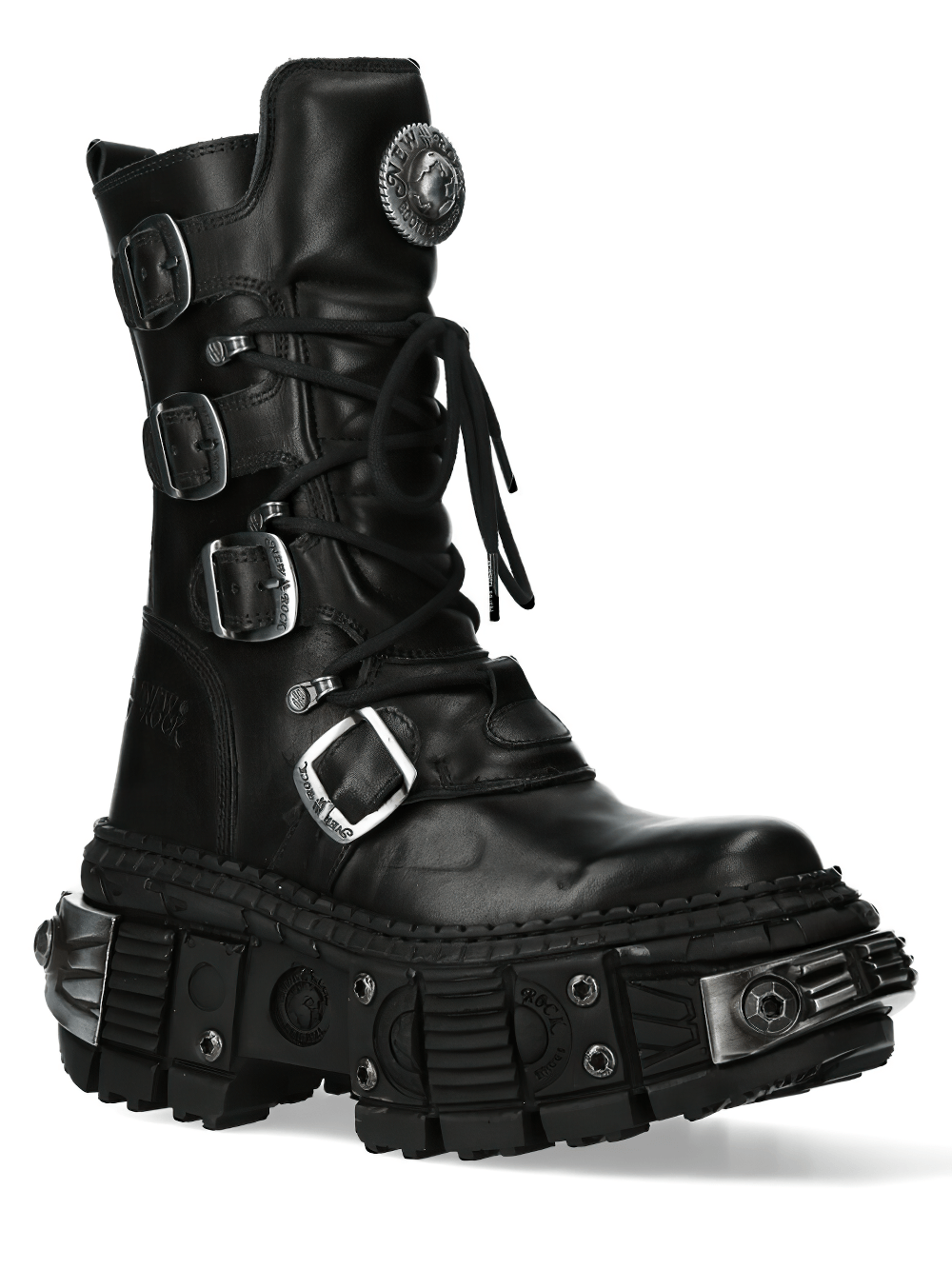 NEW ROCK Men's Platform Boots with Buckle and Metal Sole Armor featuring black leather and bold buckle details.