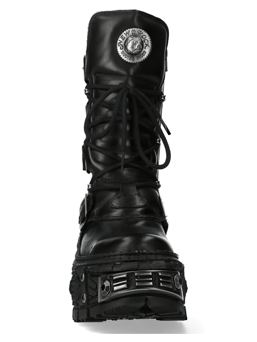 NEW ROCK Men's Platform Boots with Buckle and Metal Sole Armor, featuring lace-up design and rugged black leather.