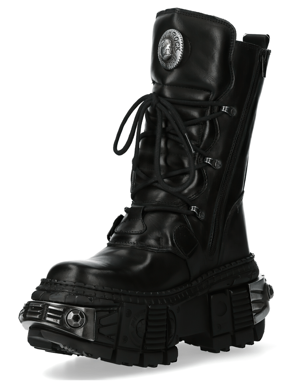 NEW ROCK Men's Platform Boots with Buckle and Metal Sole Armor, featuring lace-up design and rugged black leather.