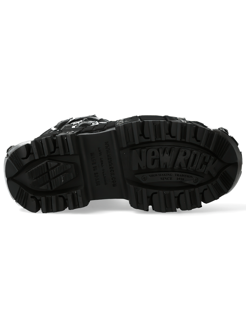NEW ROCK Men's Platform Boots with Buckle and Metal Sole Armor sole view showcasing rugged tread design.