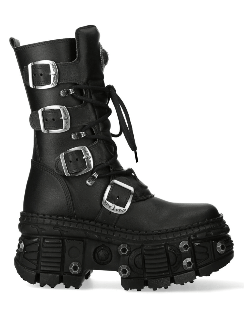 NEW ROCK Men's Platform Boots with Buckles and Bolt Trim featuring oversized buckles and lace-up design.