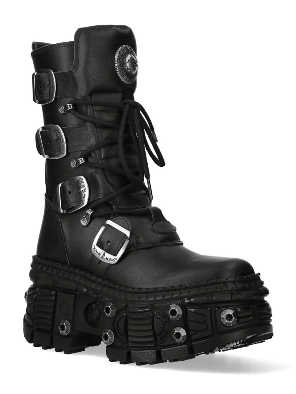 NEW ROCK Men's Platform Boots with Buckles and Bolt Trim featuring oversized buckles and armored tread for gothic style.