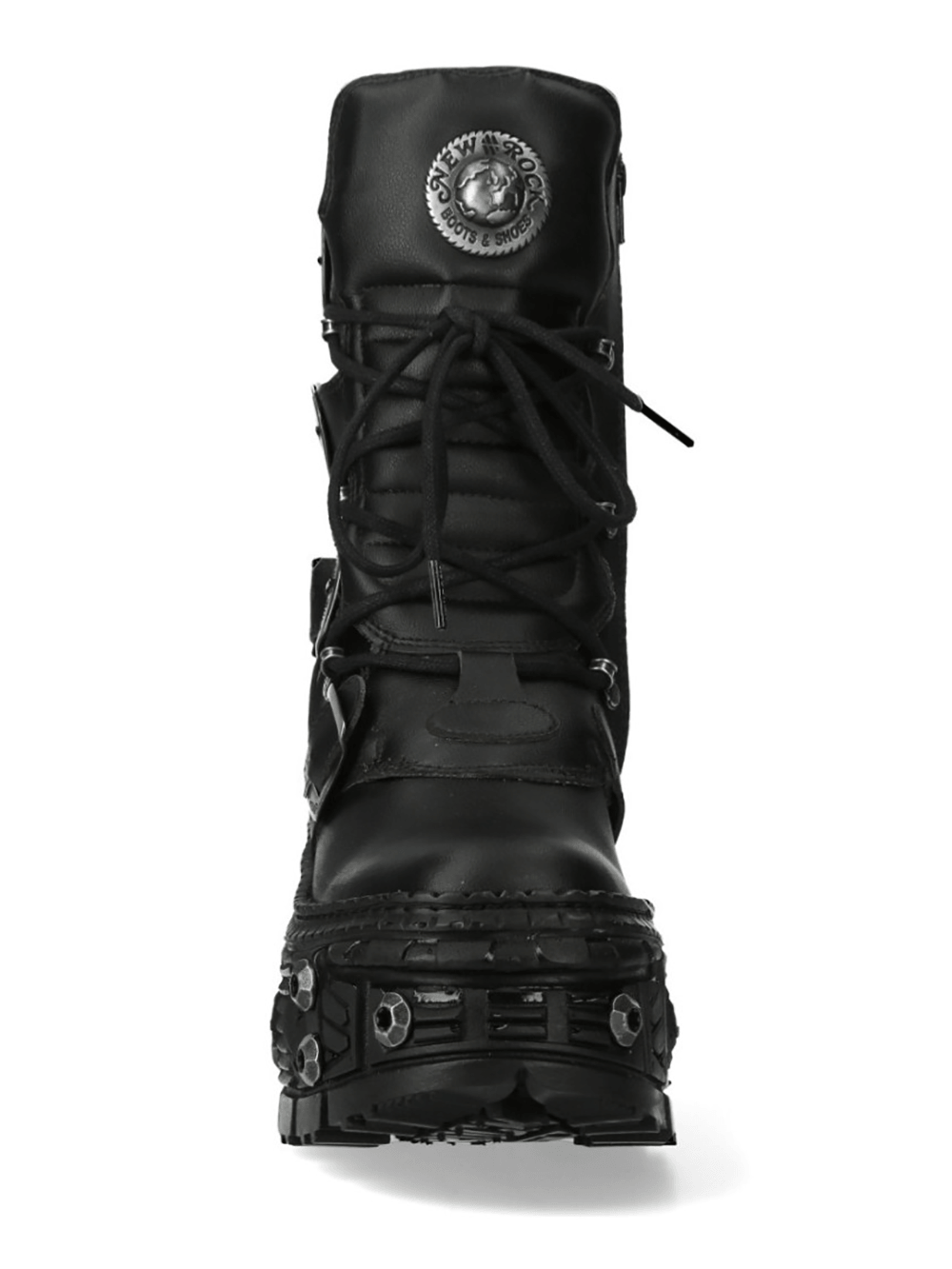 NEW ROCK Men's Platform Boots with Buckles and Bolt Trim in black, featuring a lace-up front and armored tread.