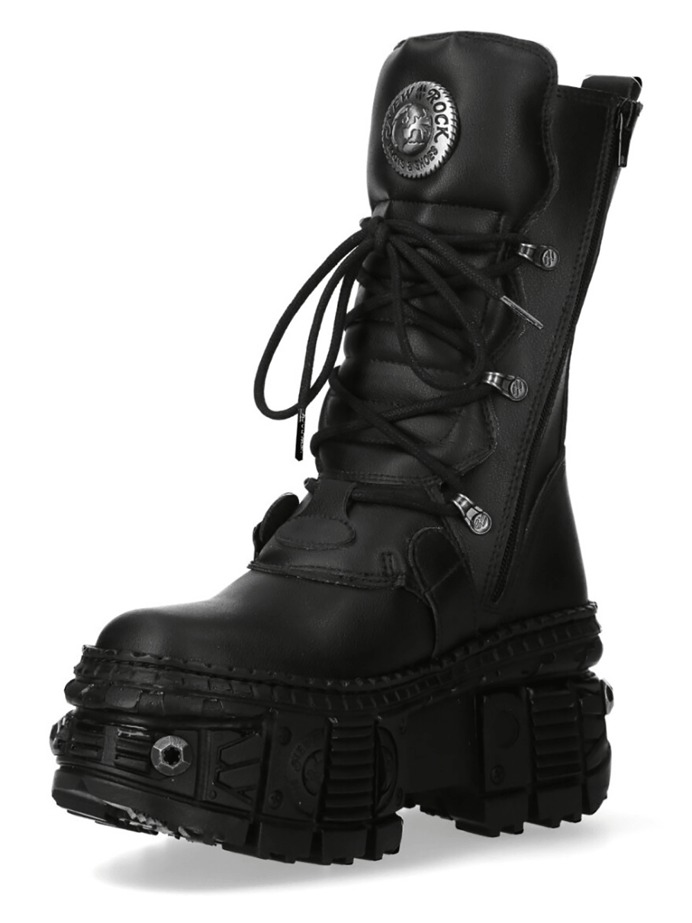 NEW ROCK Men's Platform Boots with Buckles and Bolt Trim featuring edgy lace-up design and chunky tread.