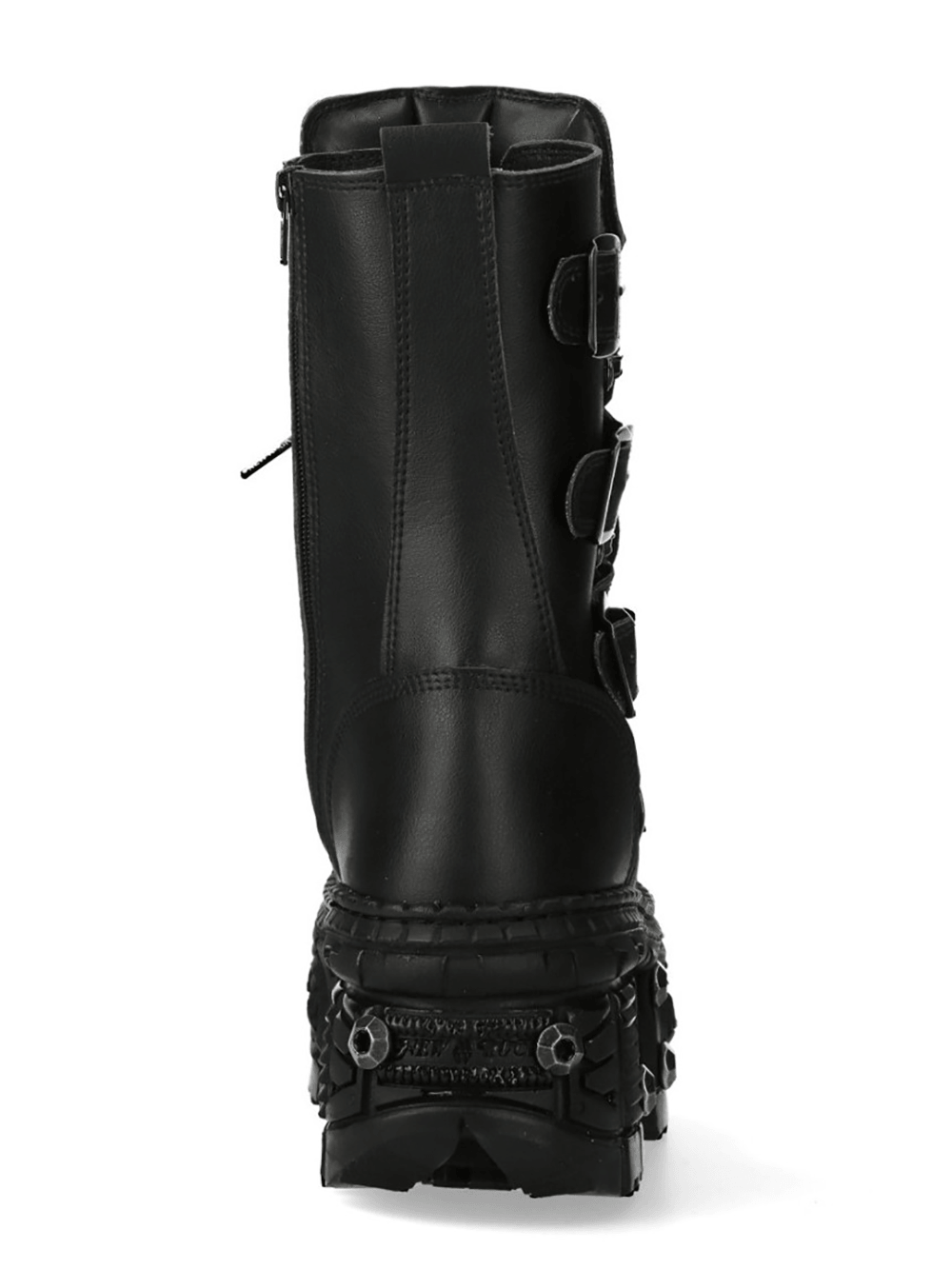 NEW ROCK Men's Platform Boots with Buckles and Bolt Trim, back view showcasing buckles and stylish tread.
