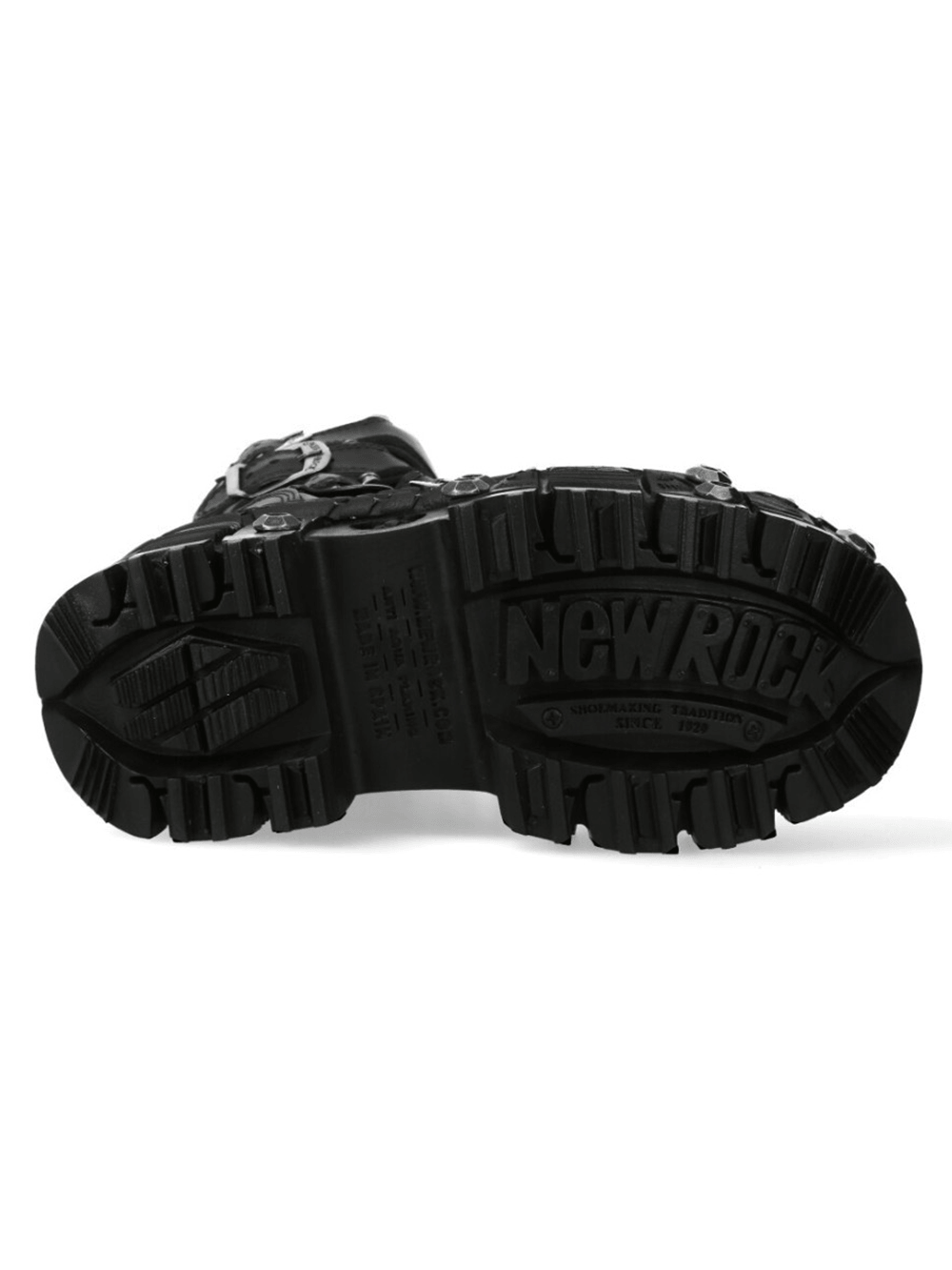 Bottom view of NEW ROCK Men's Platform Boots with Buckles and Bolt Trim showcasing rugged tread and brand logo.