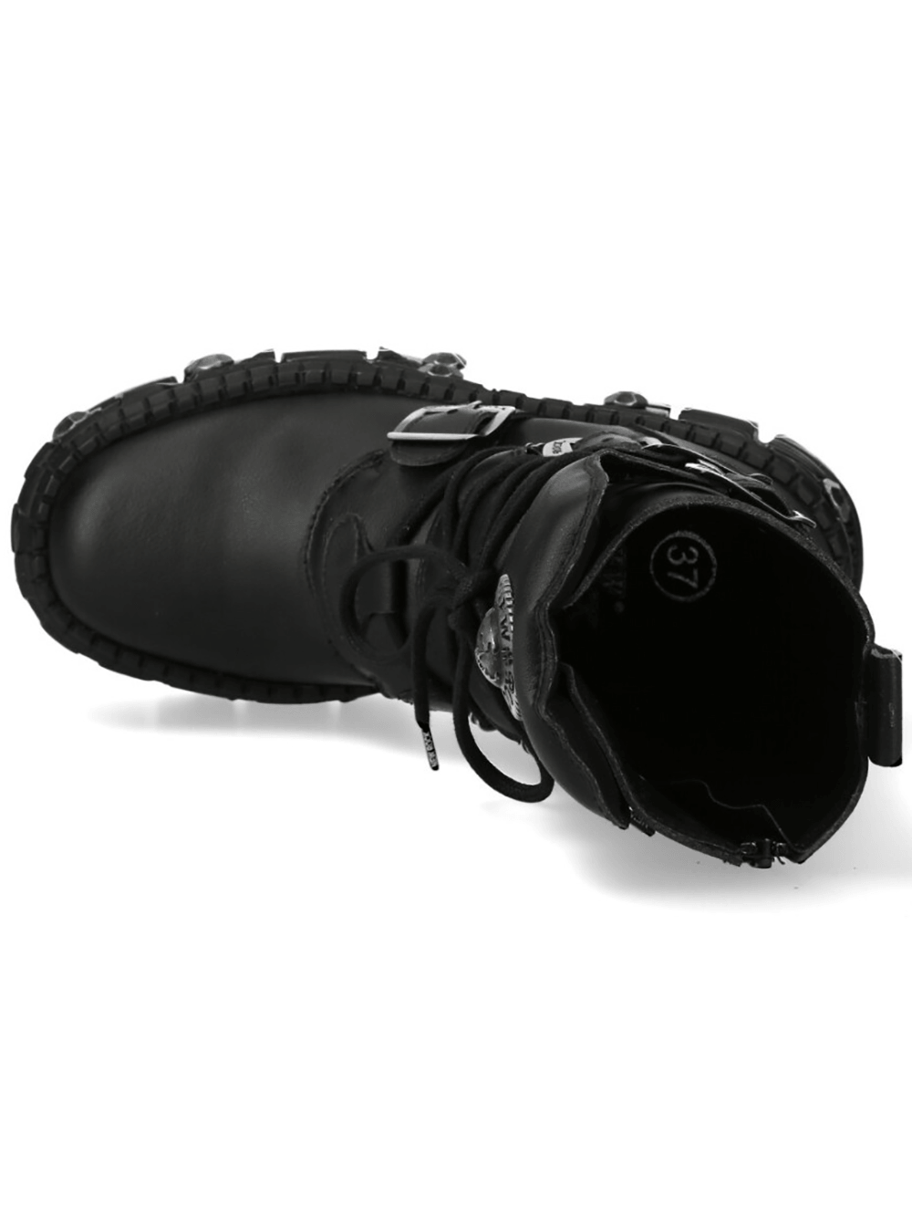 NEW ROCK Men's Platform Boots with Buckles and Bolt Trim top view showcasing laces and oversized buckles.