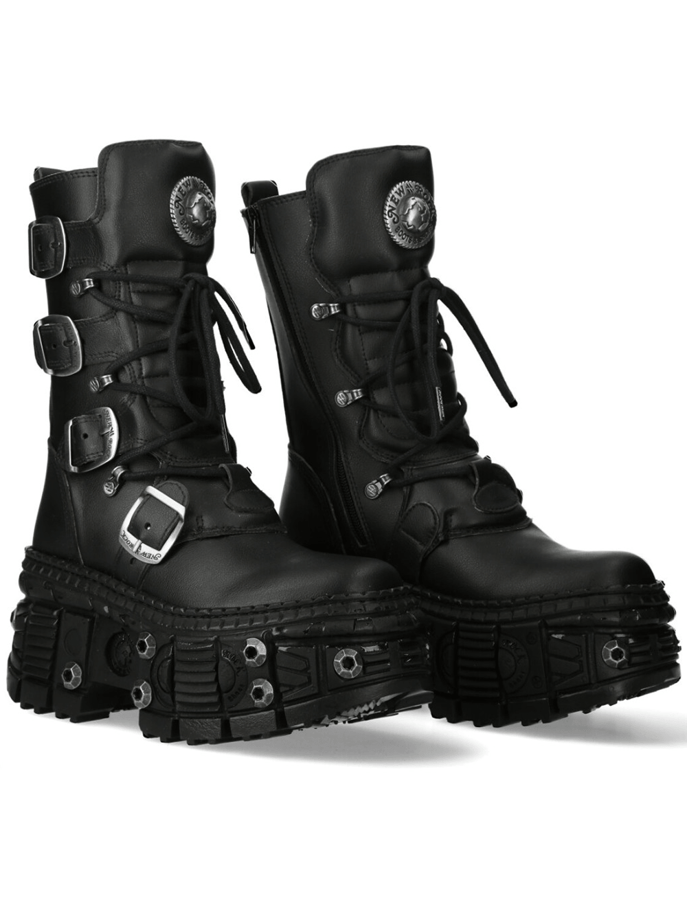 NEW ROCK Men's Platform Boots with Buckles and Bolt Trim featuring oversized buckles and bold metallic accents.