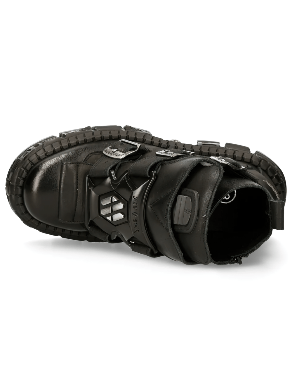 Alt Tag: NEW ROCK Men's Platform Boots with Industrial Buckle Trim black gothic ankle boot, buckle straps, side zip, heavy tread sole (top view)