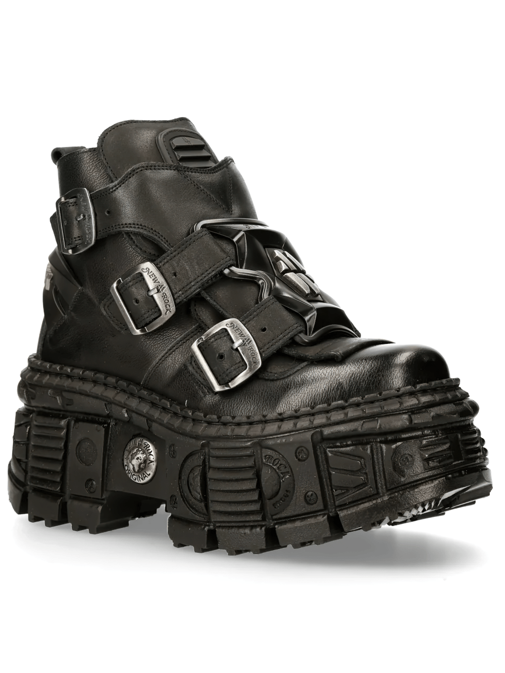 Alt Tag: NEW ROCK Men's Platform Boots with Industrial Buckle Trim black gothic ankle boot, triple buckles, side zip, heavy tread sole
