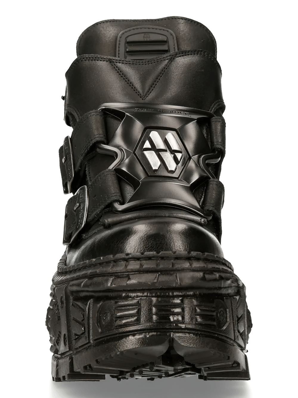 Alt Tag: NEW ROCK Men's Platform Boots with Industrial Buckle Trim black gothic ankle boot front view, heavy tread sole, buckle straps