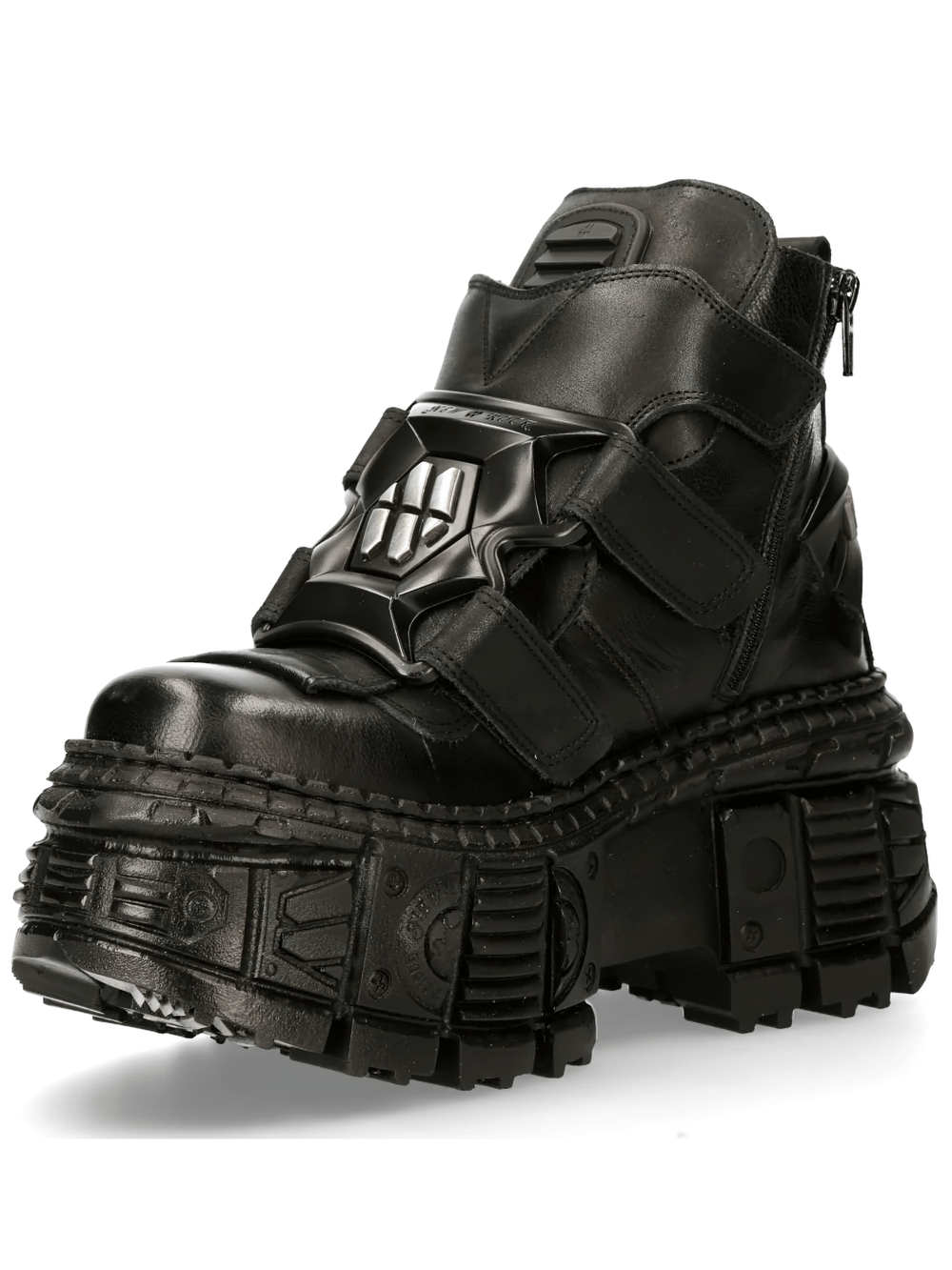 Alt Tag: NEW ROCK Men's Platform Boots with Industrial Buckle Trim black gothic ankle boot, heavy tread platform sole, buckle straps, side zip