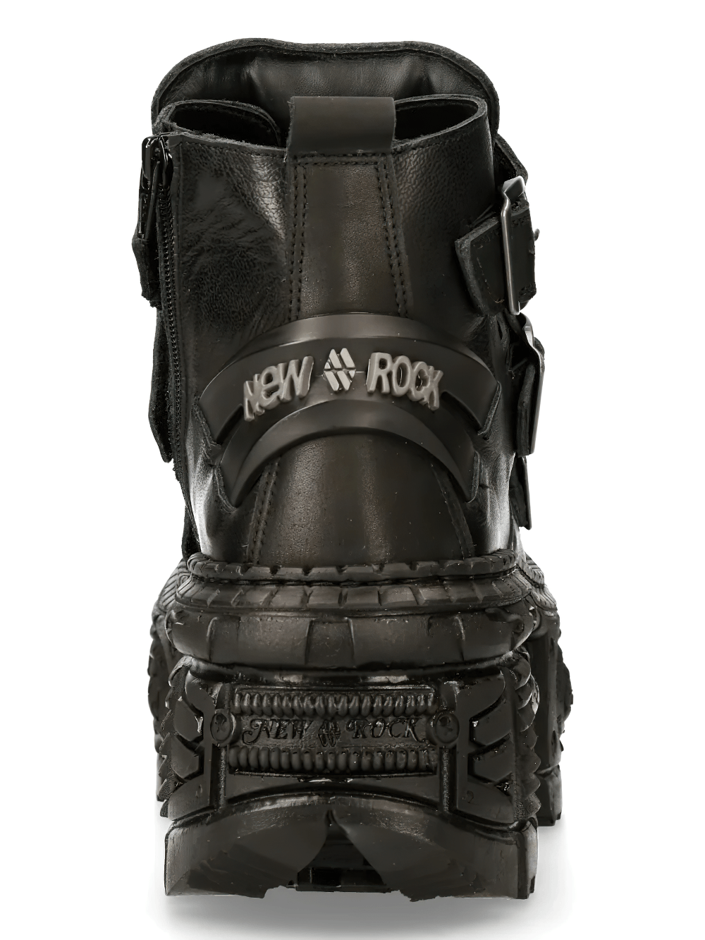 Alt Tag: NEW ROCK Men's Platform Boots with Industrial Buckle Trim black gothic ankle boot, rear view, chunky tread sole, buckles