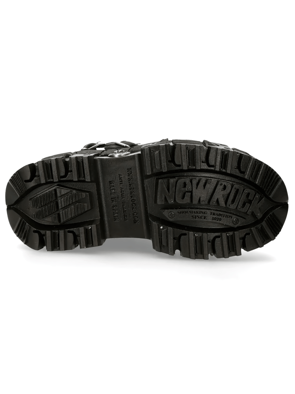 Alt Tag: NEW ROCK Men's Platform Boots with Industrial Buckle Trim sole view with heavy tread, sculpted lug outsole and NEW ROCK logo