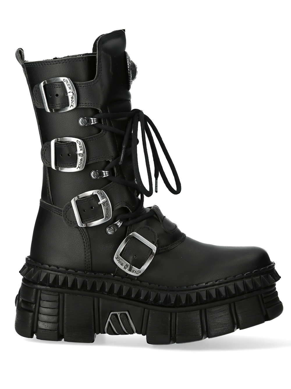 NEW ROCK Men's Platform Combat Boots with Buckles and Zip, featuring black leather, heavy tread sole, and multiple buckles.
