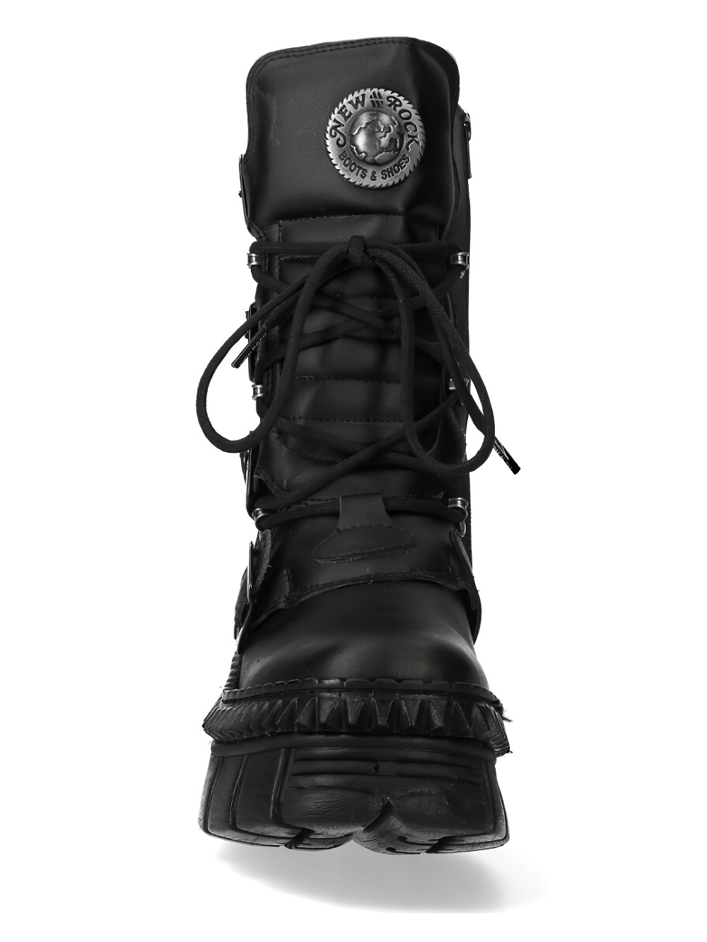 NEW ROCK Men's Platform Combat Boots with Buckles and Zip, showcasing gothic punk style and metal details.
