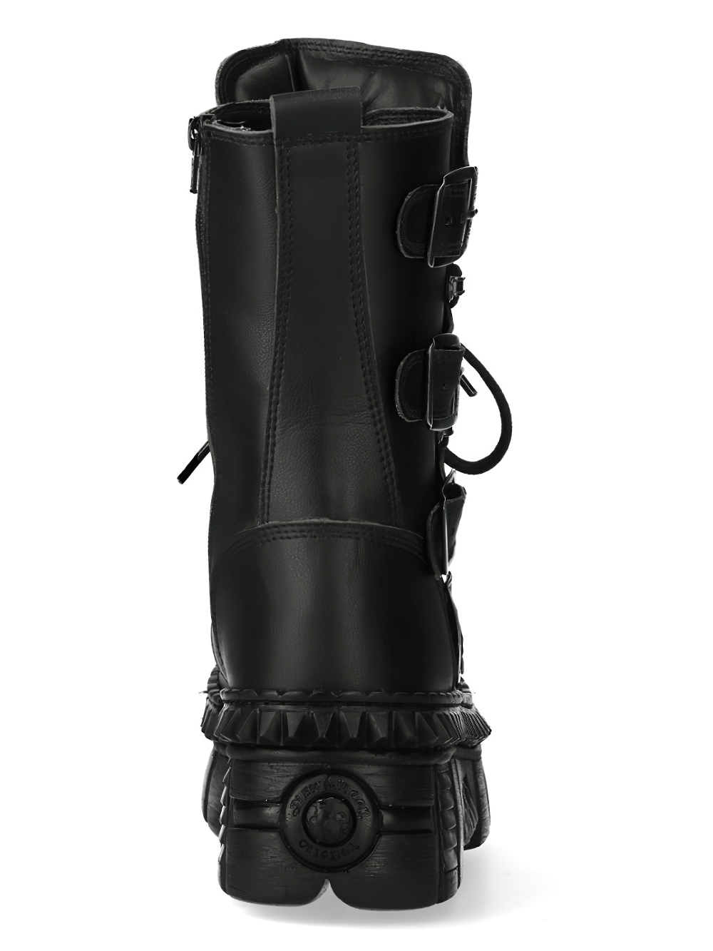 NEW ROCK Men's Platform Combat Boots with Buckles and Zip - Black Gothic Punk Boots with Back View and Heavy Tread