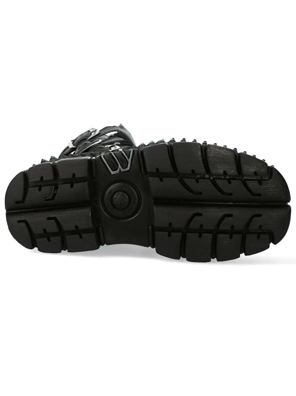 NEW ROCK Men's Platform Combat Boots with Buckles and Zip - bottom view showcasing heavy tread sole.