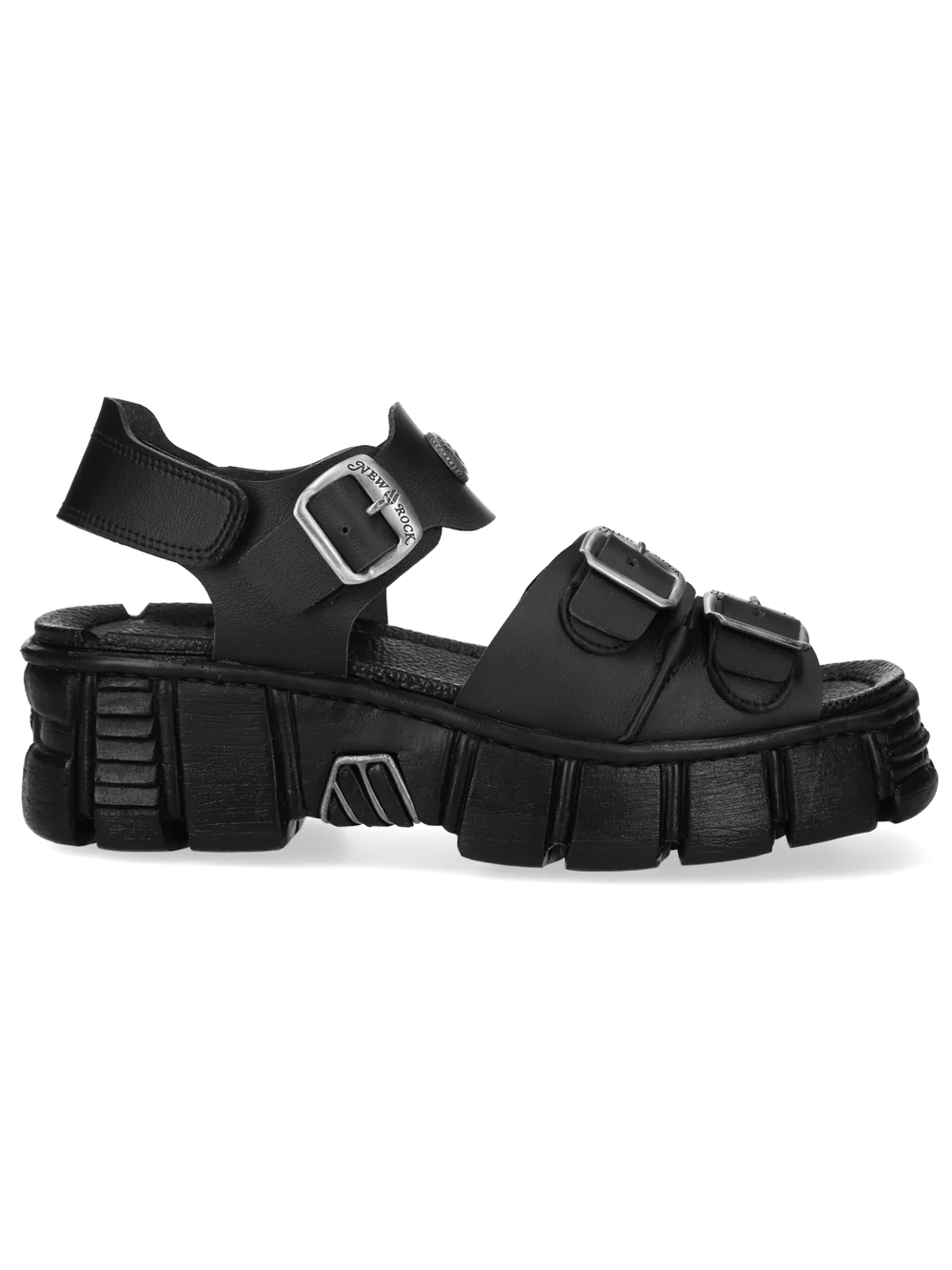 NEW ROCK Men's Platform Sandals with Buckles and Lug Soles in all-black design showcasing adjustable straps and treaded base.