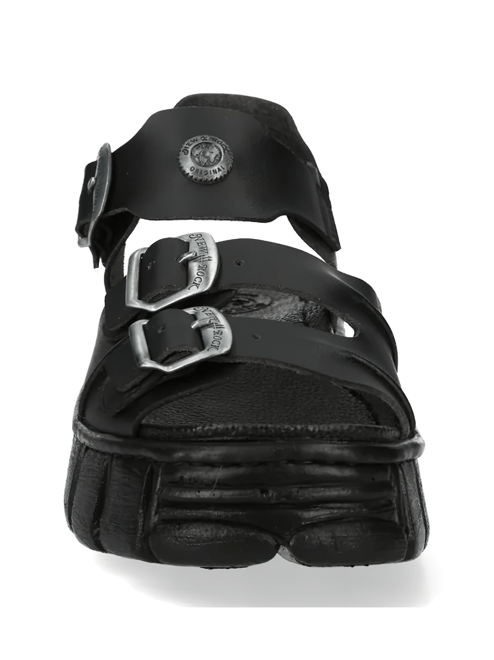 NEW ROCK Men's Platform Sandals with Buckles and Lug Soles in all-black featuring adjustable straps.