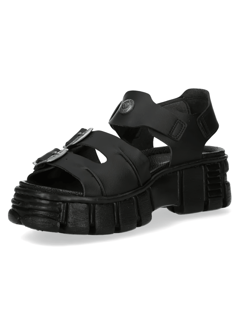 NEW ROCK Men's Platform Sandals with Buckles and Lug Soles in all-black with bold treaded sole.
