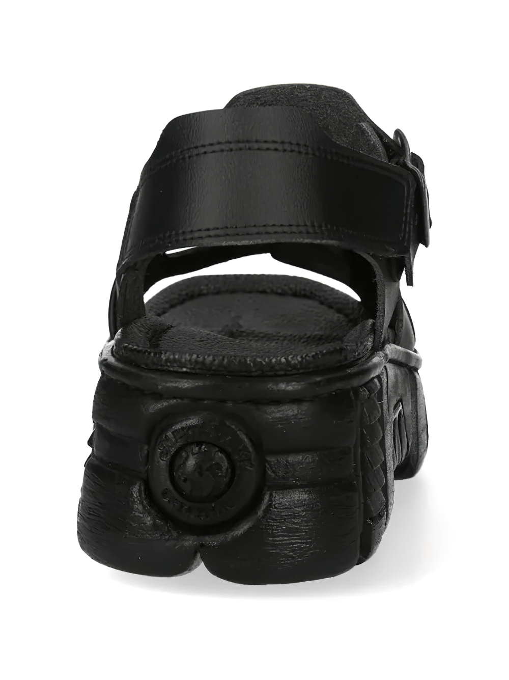 NEW ROCK Men's Platform Sandals with Buckles and Lug Soles back view showcasing the black adjustable strap and treaded sole.